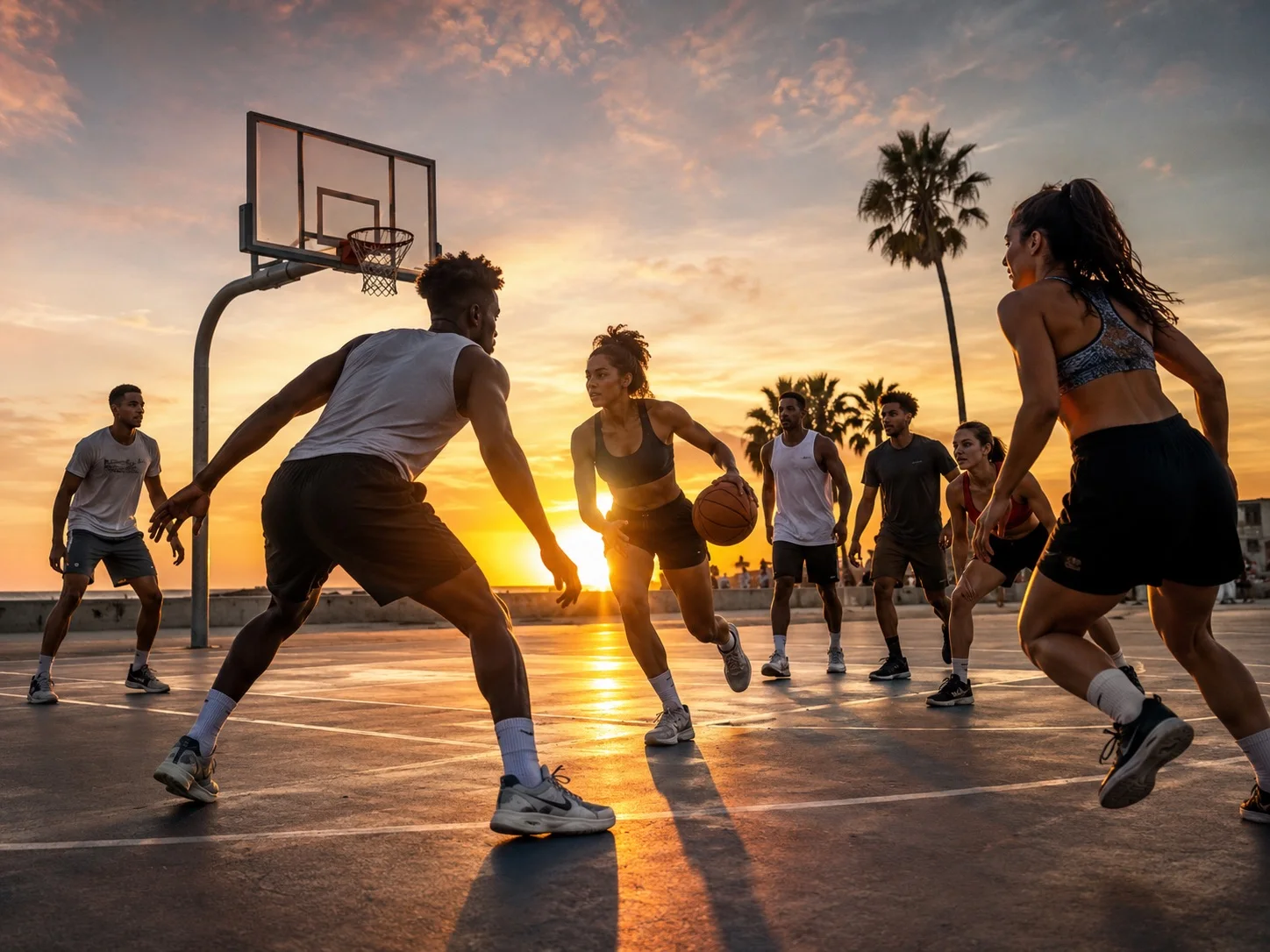 Un groupe joue au basket au coucher du soleil